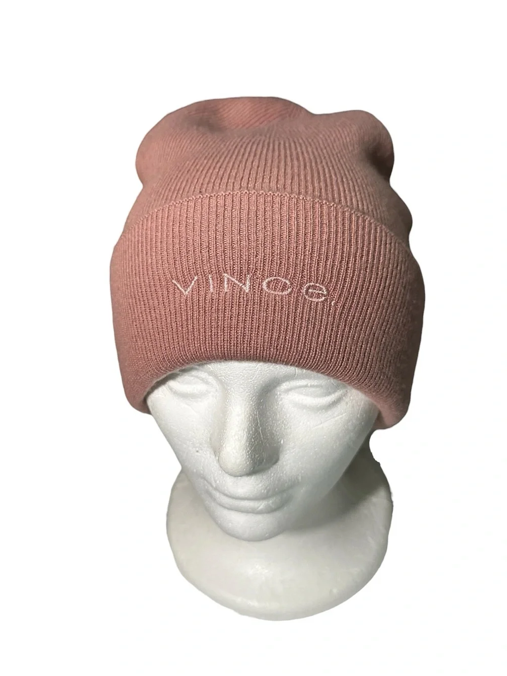 VINCE Wool Cashmere Rib Knit Beanie Hat Embroidered Logo Cuff NEW One Size Mauve